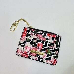 Betsey Johnson New Black White Rose Floral Credit Card Wallet Keychain Clutch